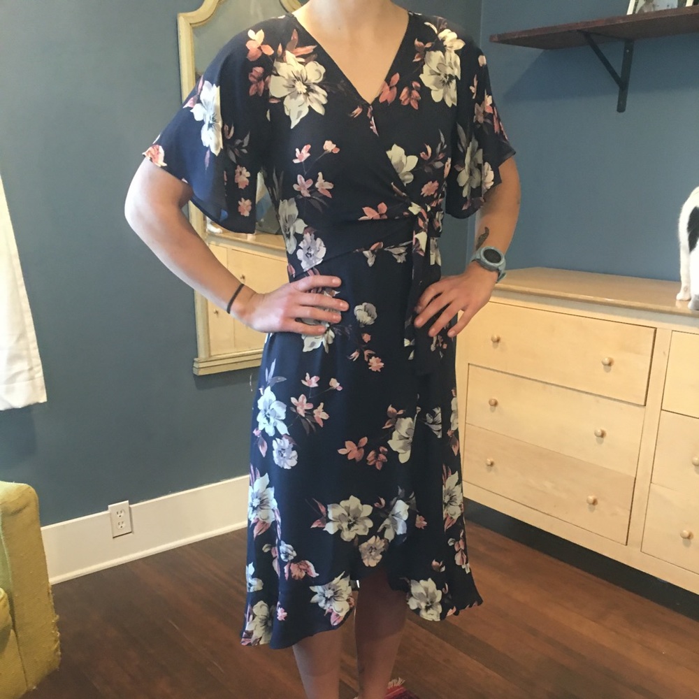 Navy Floral Midi Wrap Dress